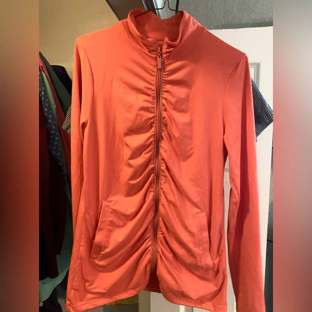 Large Coral zip up with ruching and stretch, very soft material